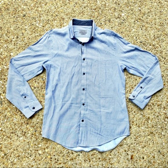 Zara Man Slim Fit Blue Button Down Patterned Long Sleeve Shirt Men’s Size L - Picture 1 of 11